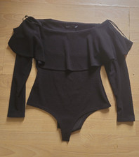 boohoo Black Off-Shoulder Ruffle Long Sleeve Bodysuit One Piece Size S
