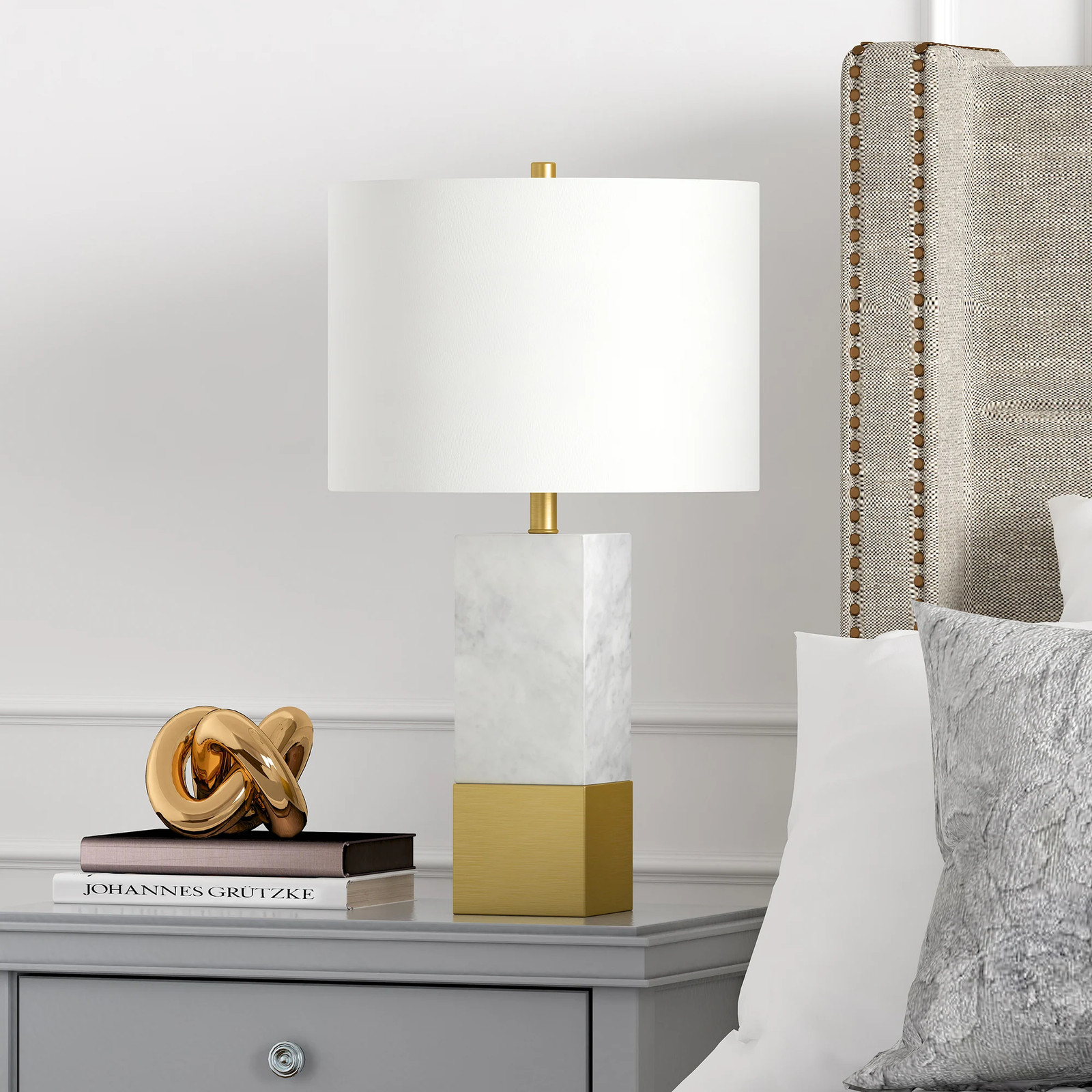 Lena Table Lamp in Carrara Style Marble and Brass with Linen Gold, White
