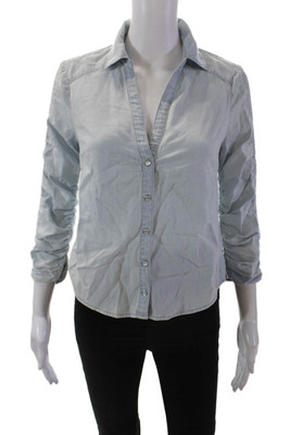 Veronica Beard Womens Cotton Long Sleeve Ruched Button Up Blouse Blue Size 0