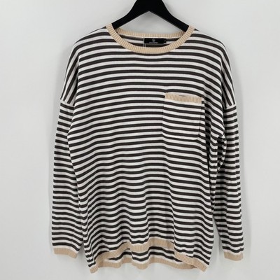 LILLUSORY 100% Cotton Striped Knit Sweater L Taupe Ivory Pocket NWT