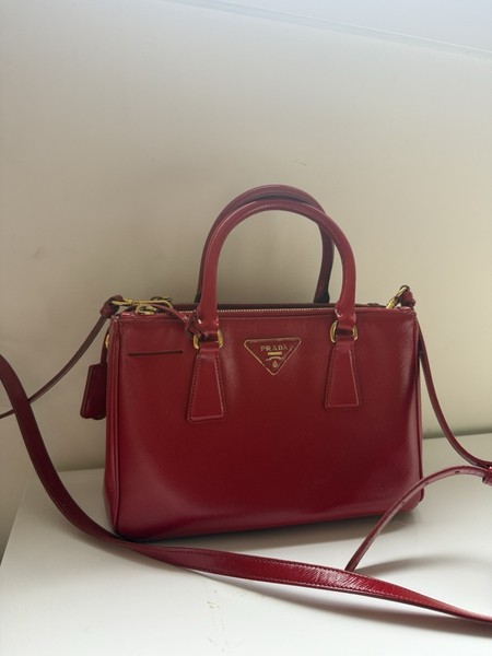 PRADA Red Saffiano Leather Small Satchel Zip, Detachable Strap Gold Hardware