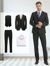 4 Pieces Men's Formal Suit Set, Solid Color Two Button Classic Blazer With Vest