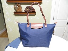 Longchamp Le Pliage Navy Blue Nylon Long Handle Tote Bag Shopper W/ CORNER WEAR