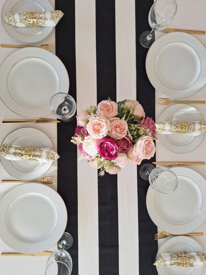 Table runner - Wide black & white stripe for events with French flair. Cotton. - Image 2 of 4