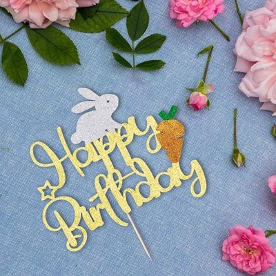 Bunny Happy Cake Topper，White rabbits and carrot-shaped cake decorations for ...
