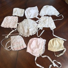 Vintage lot of 9 Baby Or Doll Bonnets Lace Trim Sheer Cotton