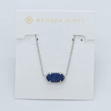 New Kendra Scott Elisa Silver Pendant Necklace In Dark Blue Drusy