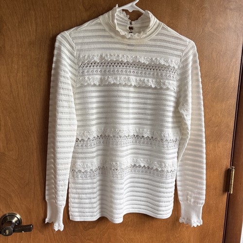 Elegant Crochet Lace Knit Long Sleeve Turtleneck Top Cream