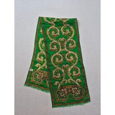 Vintage Green Wool Paisley Scarf Made in Japan Floral Fringe Rectangular Wrap