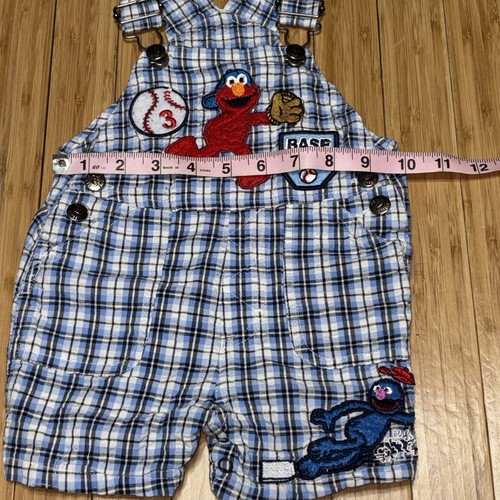 Vintage Sesame Street Short Overalls Elmo Grover Baseball Plaid 12 Months - Picture 7 of 8