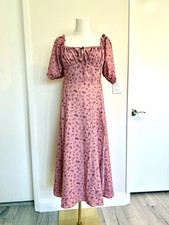 Woman pink floral puff sleeve ruffle square neck maxi dress S