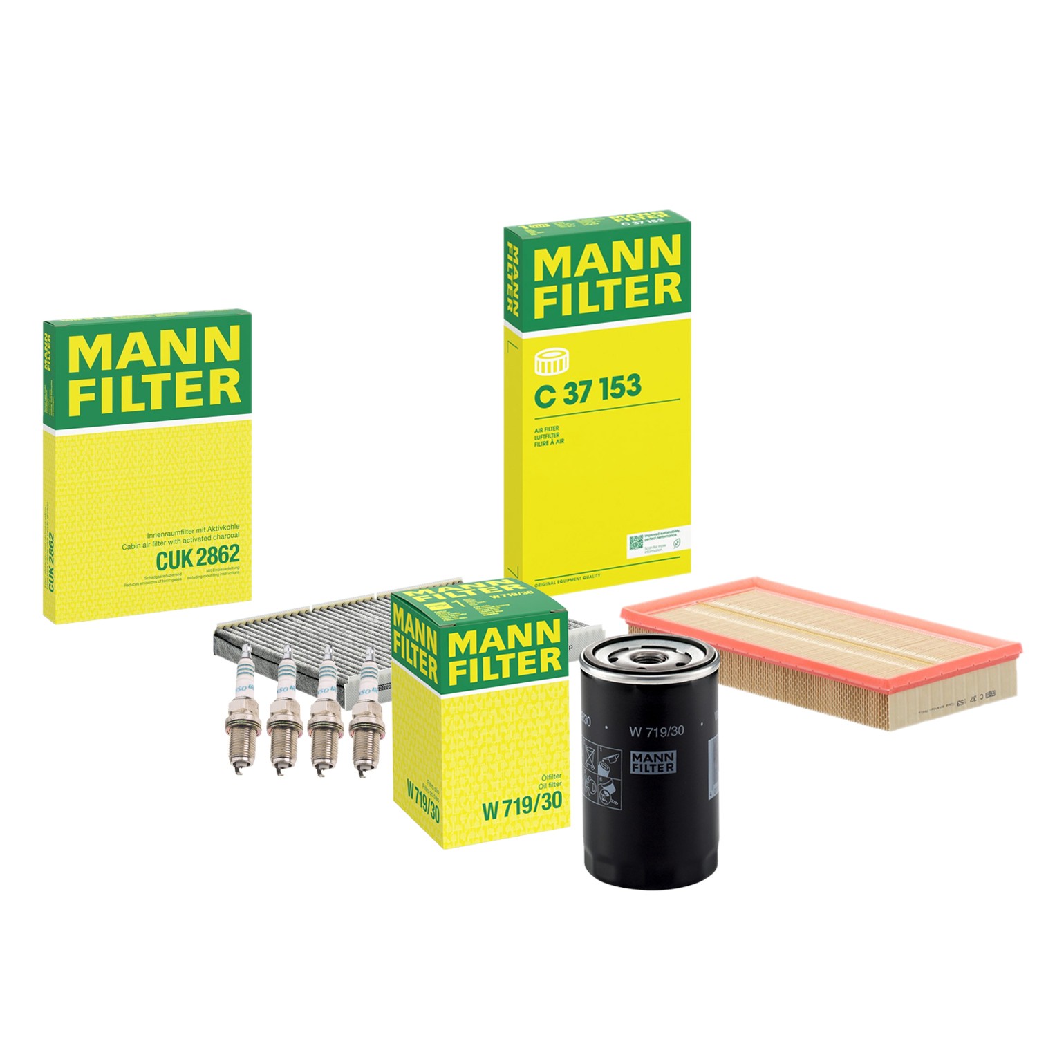 Mann Engine Oil Cabin Air Filter NGK 4 Spark Plugs Kit For VW Jetta L4 GAS 1999