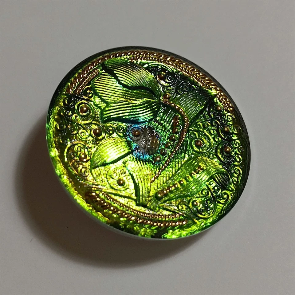Botón flor vidrio checo lima y turquesa iridiscente 1-1/4" 32 mm 1 pieza Foto 3 de 4