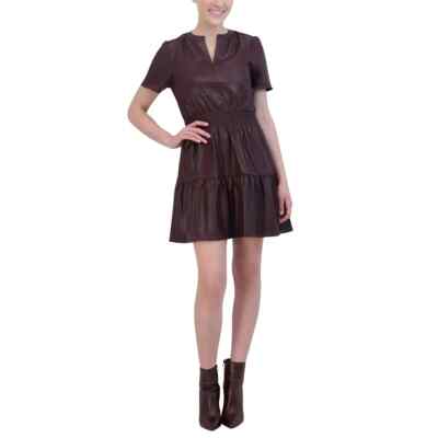 Vigoss Women's Size Large Brown Short Sleeve Ruffle Faux Leather Dress NWT