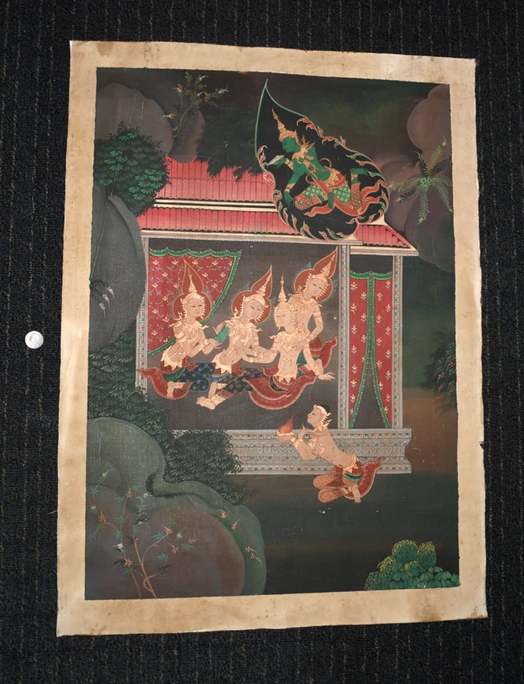 Antigua pintura religiosa budista de finales del siglo XVIII sobre tela/lienzo de Tailandia Foto 2 de 4