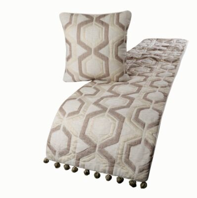 Decorative King Bed Runner Ivory & Beige Quilted Embroidery with Tassels - Aurum