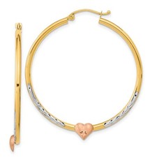 2mm Polished and Brushed Heart Hoop Earrings in Real 14k Tri-Color Gold