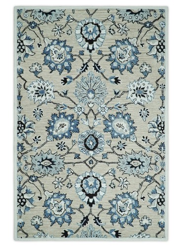 Hand Tufted 5x8 Beige, Teal and Black traditional wool area rug - DD/MA253 - Picture 2 of 11