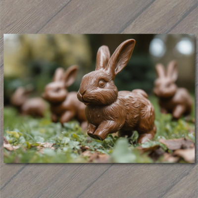 POSTCARD Easter Chocolate Rabbits Racing In Field Festive Candy Display Bunny
