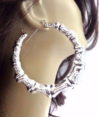 EXTRA LARGE BAMBOO HOOP EARRINGS PLATED SILVER TONE 4 INCH HOOP EARRINGS