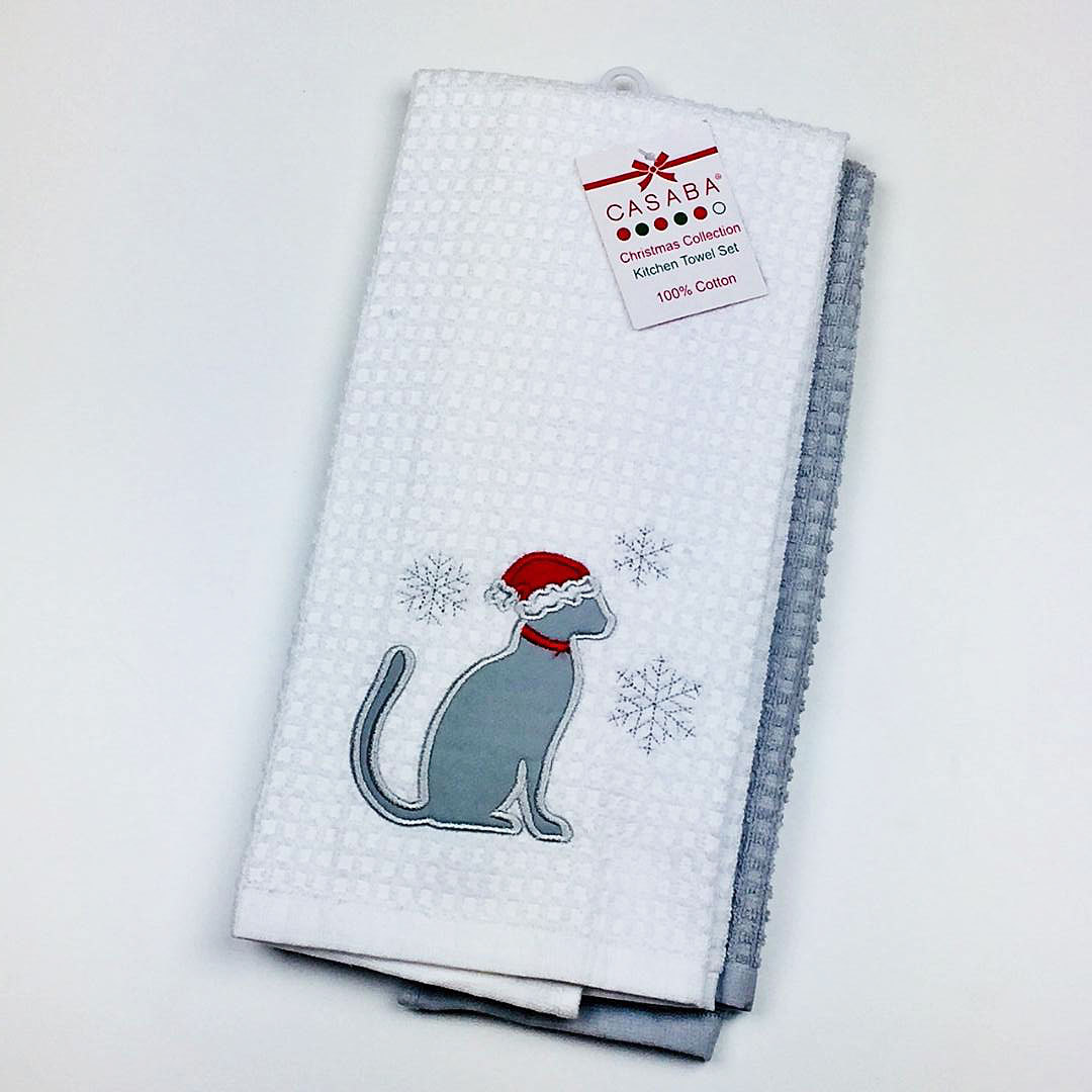 Casaba Christmas Cat w/Santa Cap Embroidered Kitchen Towels Dishtowels