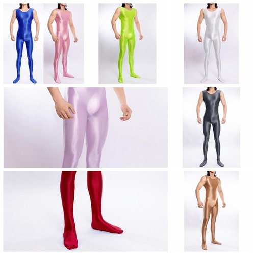 Men Glossy Full Body Bodysuit Lingerie Jumpsuit Round Neck Leotard AU - Picture 5 of 82