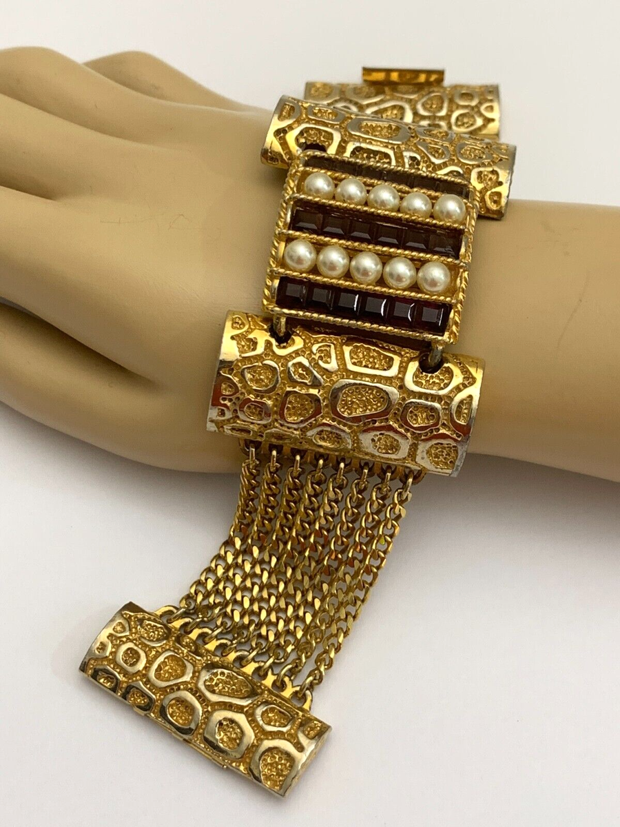 LUCIEN PICCARD Bracelet Vintage Rich Gold Faux Pearl Purple Glass CHANNEL  SET