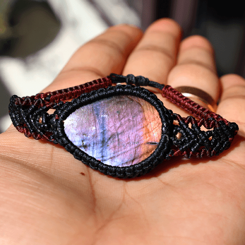 Bracciale Cristallo Macramè Fatto a Mano Naturale Labradorite Viola Flash Bellissimo - Foto 6 di 11