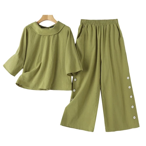 New Women 3/4 Sleeve Cotton Tops Wide Leg Elastic Waist Trousers Suit Outfits - Picture 8 of 18
