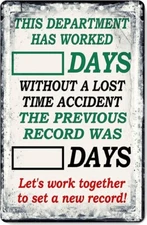 THIS DEPARTMENT DAYS WITHOUT ACCIDENT Workplace Safety 8x12 Aluminum Metal Sign