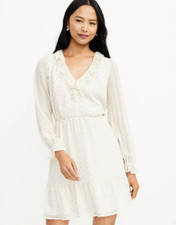 NWT Loft S, Long-Sleeve Short Dress, Cream w/ Gold Metallic Dots