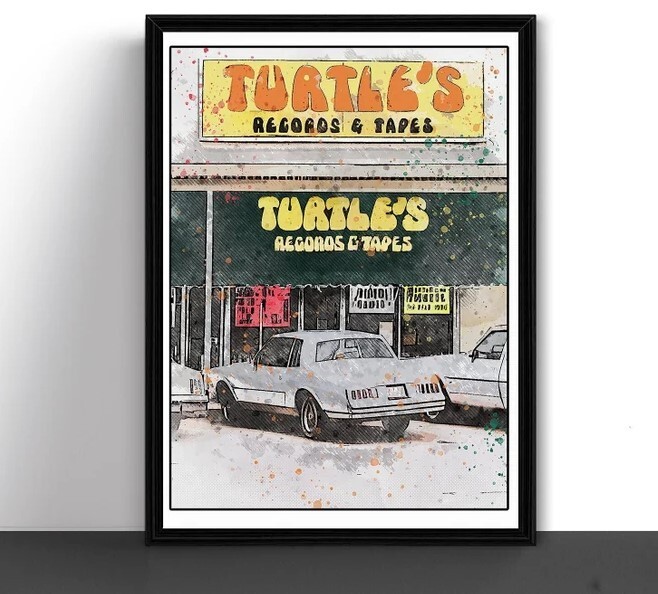 Turtles Record & Tapes Record Store Ink Sketch Watercolor Art Print Poster