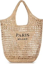 Natural Raffia Knit Tote Bag Embroidered ‘Paris Milano’ Hobo Beach Bag Handbag