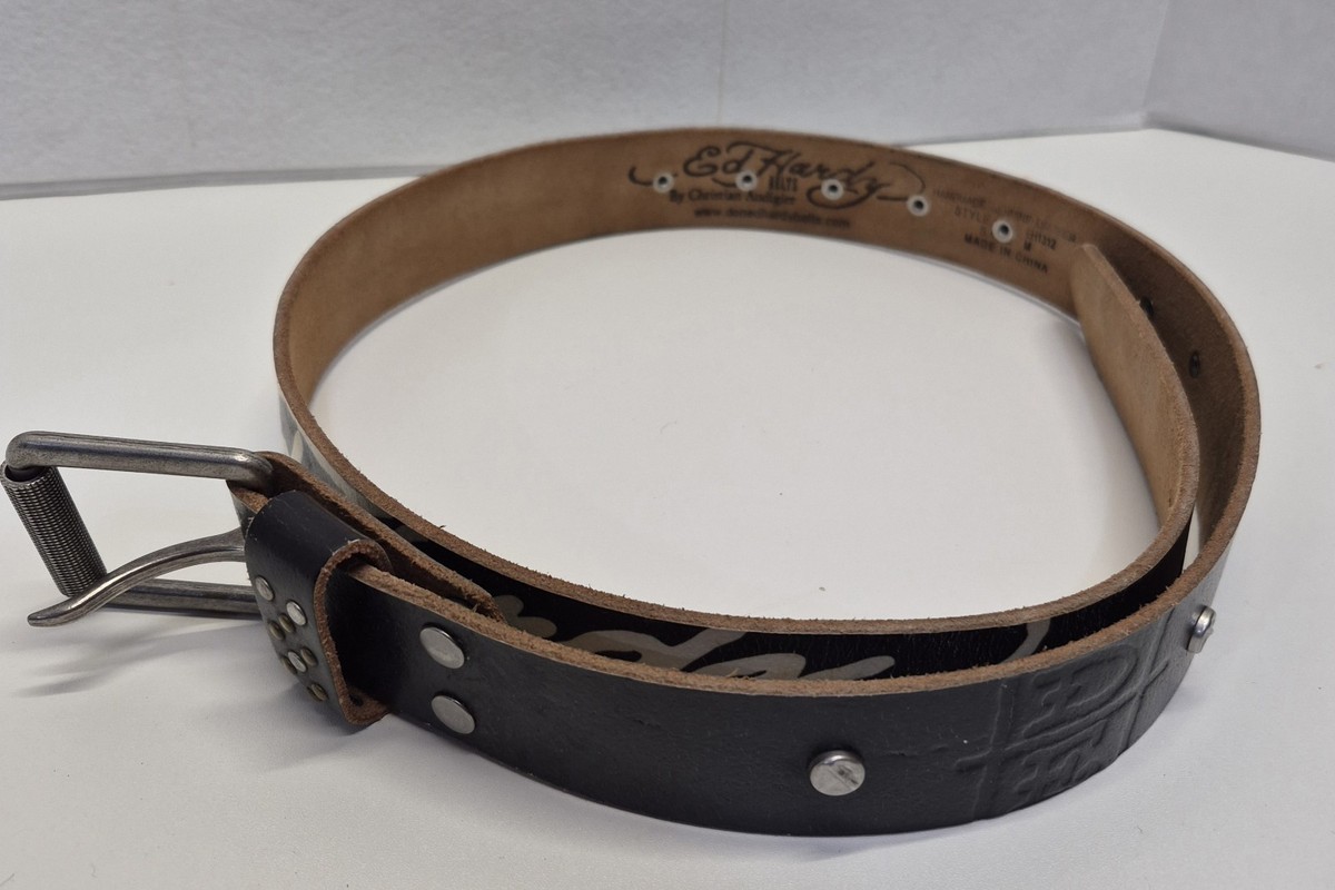 Vintage Y2K 2000s Ed Hardy Black Studded Bulldog Leather Belt Size