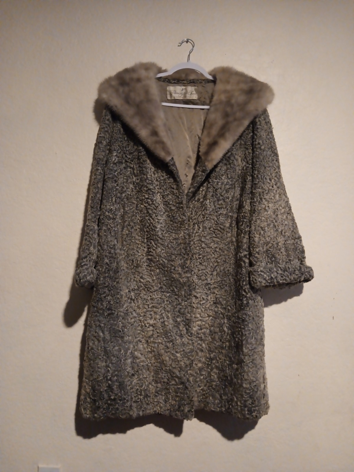 Vtg Persian Lamb Fur Coat w/ mink Shawl collar | women sz 16 | Flemmington Furs