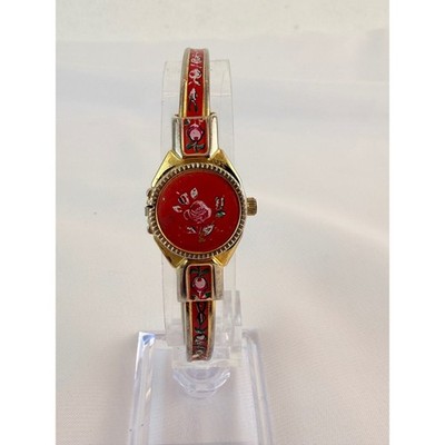 Vintage Geneve Quartz Swiss Made Secret Watch Floral Enamel Bangle