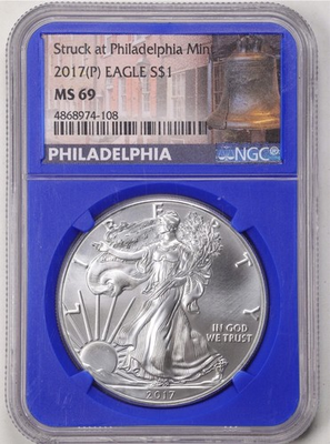 #ad #ad 2017 P $ 1oz Silver American Eagle MS69 Struck at Phil. Mint NGC blue slab $129.99