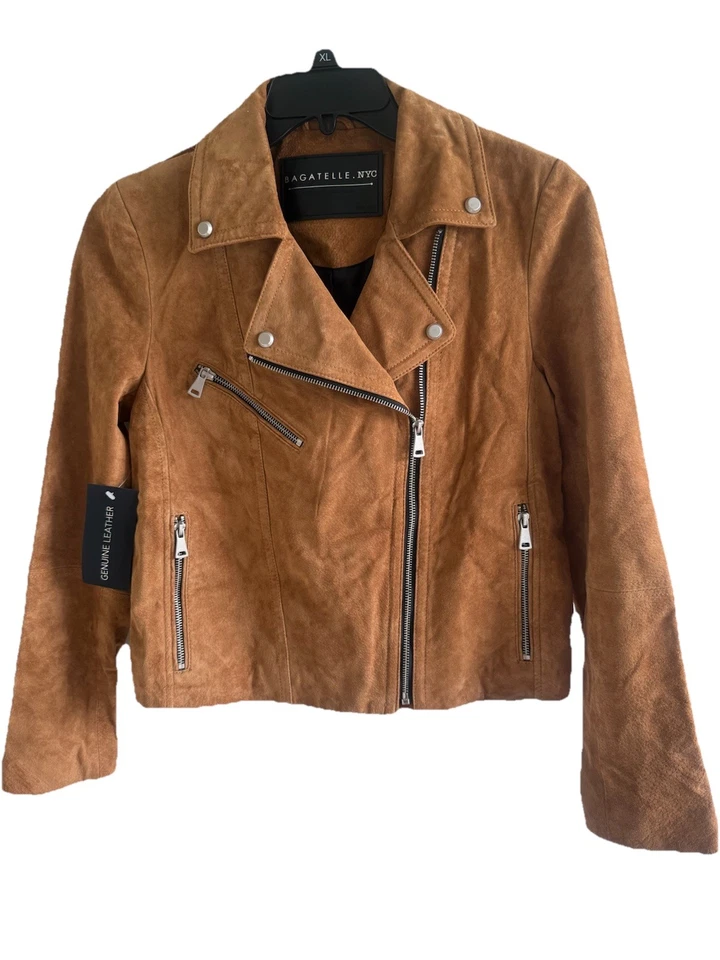 Chaqueta de moto Bagatelle NYC para mujer de cuero de gamuza genuina, marrón peluche, M, nueva con etiquetas Foto 4 de 4