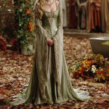 Medieval Renaissance Olive Green Princess Evening Dress Long Flared Sleeve Gowns