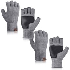 Winter Knit Fingerless Gloves - Warm Touchscreen Texting, Anti-Slip Leather, 1/2
