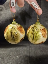 2 Pier One Li Bien? Pine Branch Pine Cone Ornaments Blown Glass Hand Painted 