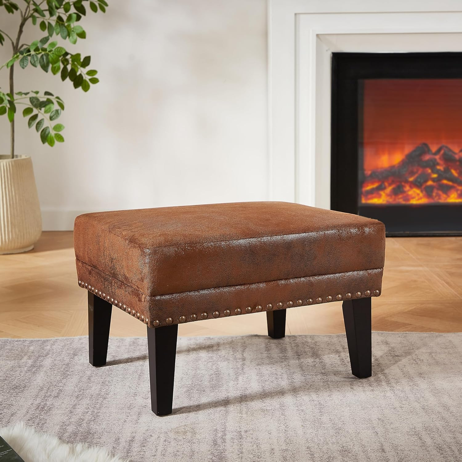 Mid-Century Modern Brown Upholstered Ottoman Coffee Table for Small Spaces