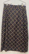 Harvé Bernard Sz 12 Blue/Gold Plaid Skirt Elastic Waist Back Side Zip