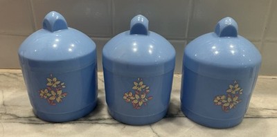 Set of 3 1950's Blue Plastic Containers w/ Lids & Flower Decal Vanity / Nursery?
