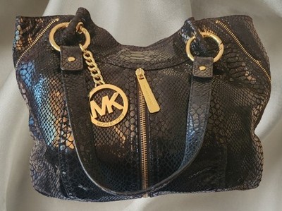 MICHAEL KORS Black Snakeskin Embossed Leather MOXLEY Shoulder Tote