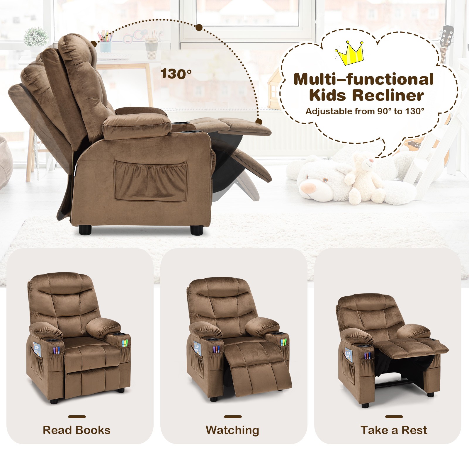 Honeyjoy Kids Youth Recliner Chair Velvet Fabric Armrest Sofa w/Cup Holder Brown