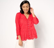 Susan Graver Women's Top Plus Sz Sweater 3X PURE Embroidered Cotton Red A638786