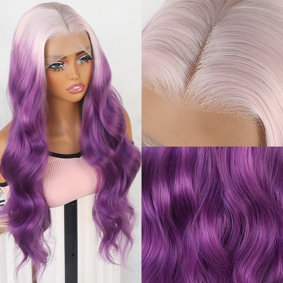 Pelucas delanteras de encaje onduladas para el cuerpo rosa hielo ombre púrpura cabello largo ondulado seguro contra el calor natural Foto 3 de 4