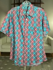 Vintage 70s Men's Argyle Hippie Dagger Collar Short Sleeve Shirt