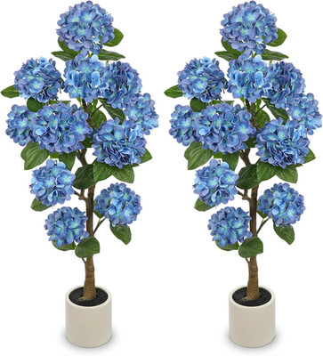 4FT Blue Hydrangea Artificial Flowers Tree Large Real Touch Faux Silk Hydrangea